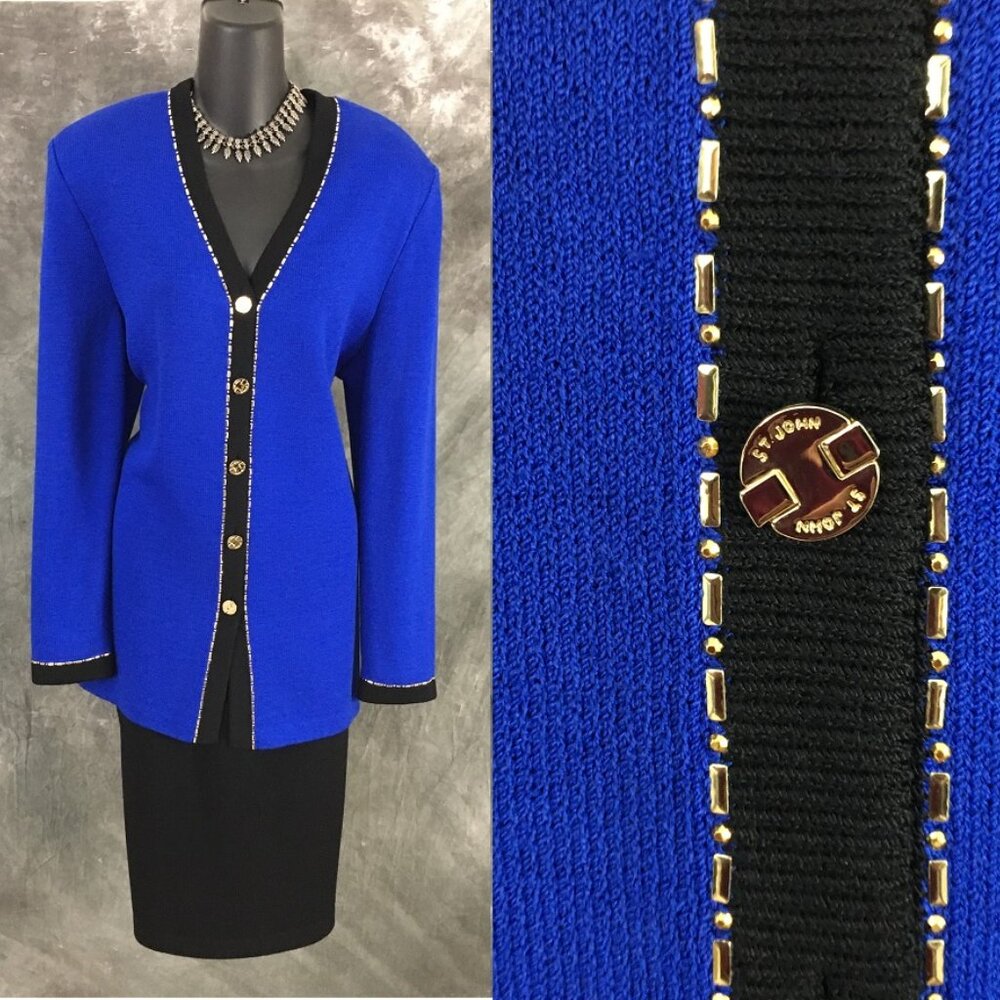 BEAUTIFUL st john collection knit bluer black multi jacket skirt suit 14